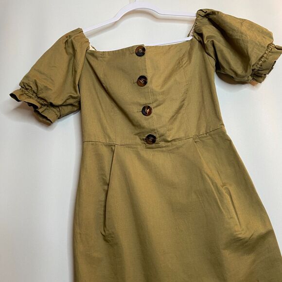 Zara Woman Off-the-Shoulder Poof Sleeve Green Button Detail Dress Size S - Picture 4 of 16